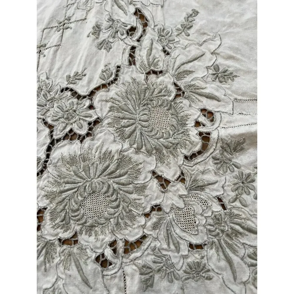 Vintage Hand Embroidery Floral Linen Tablecloth Ivory Rectangular 98